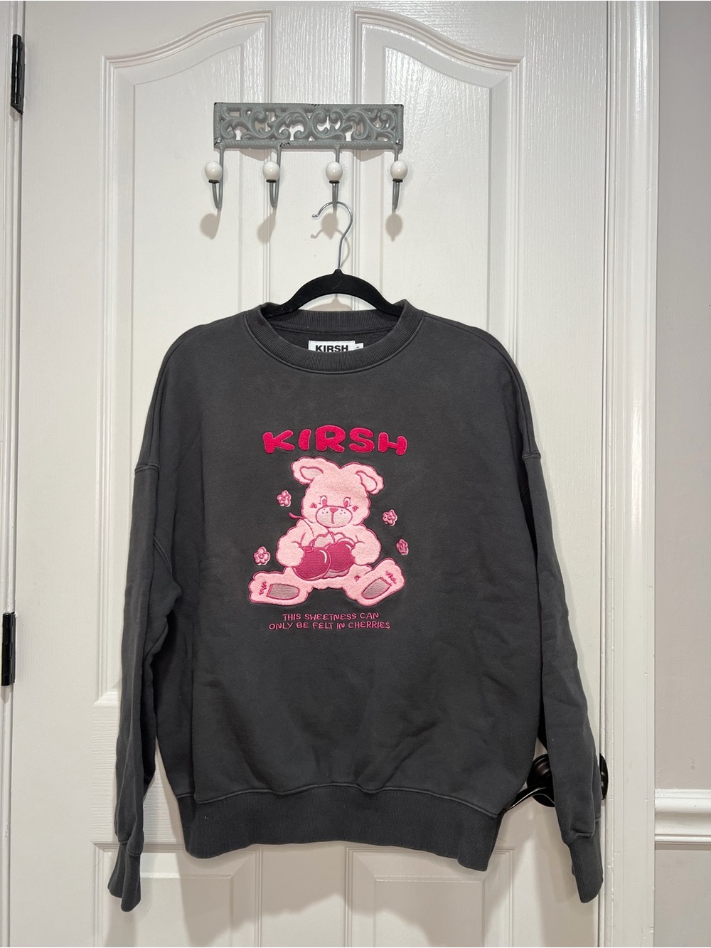 Charcoal Pullover Sweatshirt with Pink Bear Graphic